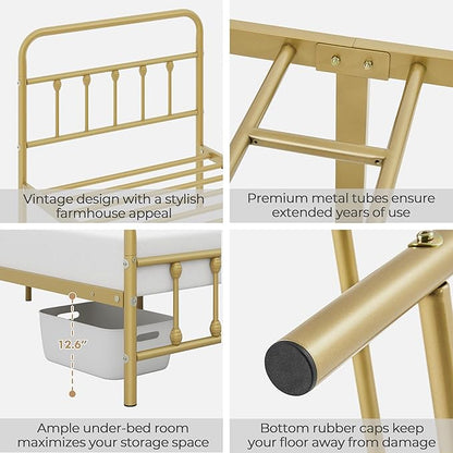 Yaheetech Classic Metal Platform Bed Frame Mattress Foundation with Victorian Style Iron-Art Headboard/Footboard/Under Bed Storage/No Box Spring Needed/Twin Size Antique Gold