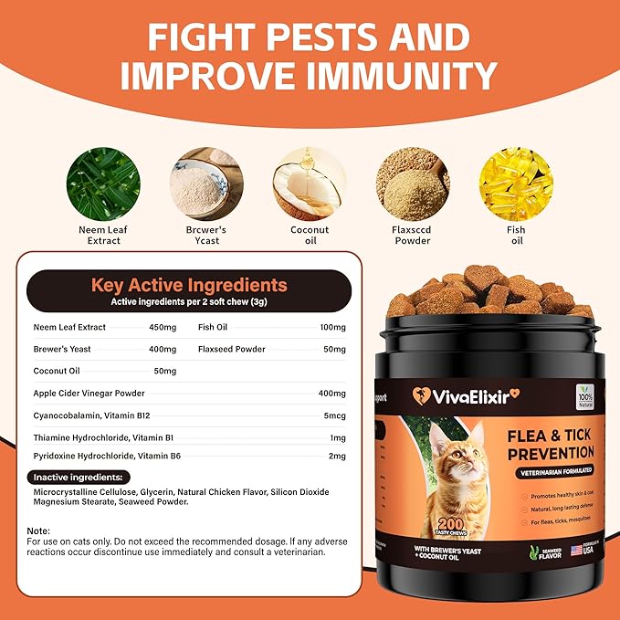 Flea & Tick Treatment for Cats – Natural Flea, Tick & Mosquito Prevention with Brewer’s Yeast, Coconut Oil – Skin & Coat Health, Immune Support – Vet Formulated 200 Chews-Mewly Pet