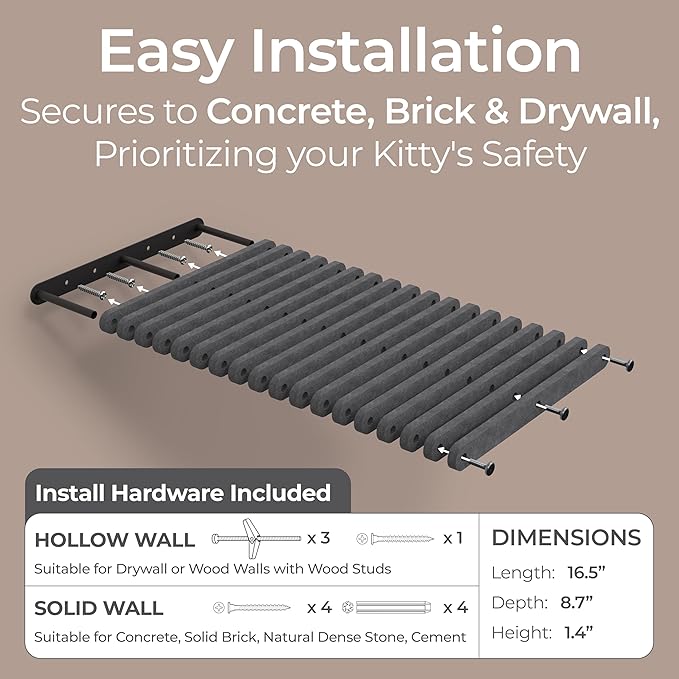 Wall Mounted Cat Perch Long Shelf by Pryde Pets - Floating Hammock Bed, 100% Sustainable PET Felt Feline Enrichment Climber Furniture for Indoor Cats, Modern Climbing Gym Jungle Design (Charcoal)-Mewly Pet