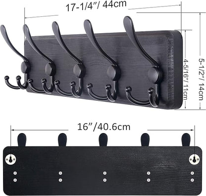 SKOLOO Rustic Wall Mounted Coat Rack: 16" Hole to Hole, Pine Real Wood Plank Wall Coat Rack with 5 Triple Hooks, Farmhouse Coat Hanger Wall Mount for Hanging Backpack Jacket Coat Hat