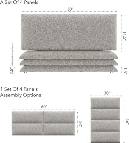 Vänt Upholstered Wall Panels - Queen/Full Size Wall Mounted Headboards - Faux Merino Wool Grey - Set of 4 Panels (Each Individual Panel 30"x11.5")