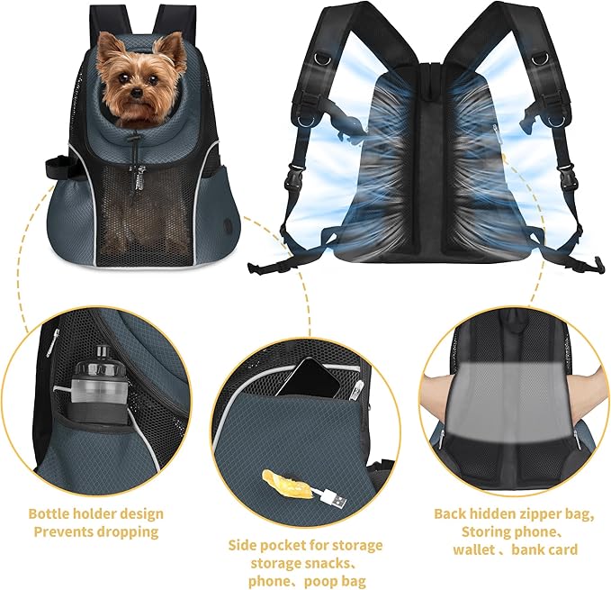 WOYYHO Pet Dog Carrier Backpack Small Dog Front Backpack Ventilated Mesh Dog Travel Back Pack with Safety Belt for Travel Hiking Cycling Outdoor Adventures (Size L: 10-14 lbs, Dark Gray)-Mewly Pet