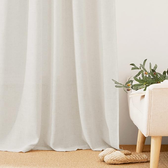 RYB HOME Flax Linen Blend Curtains - Semi Translucent Privacy Kitchen Valances, Light Glare Control Short Small Window Curtains for Bathroom Closet RV, 52" W x 36" L, 2 Pcs, Linen