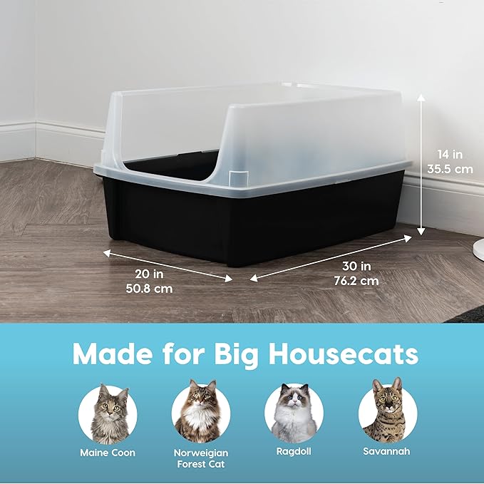 IRIS USA XX-Large Cat Litter Box, Open Top Extra Large Litter Box for Big Cats and Multi-Cat Households, High Sided Scatter Shield, Easy to Clean, 30" L x 20" W x 14" H, Black-Mewly Pet