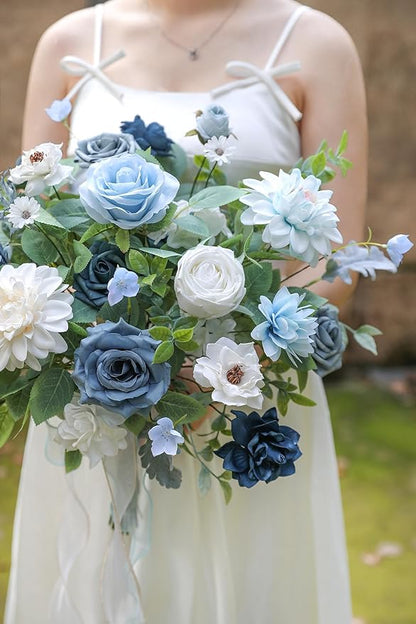 Blue Artificial Flowers Combo Box Set Silk Flowers Fake Rose for DIY Floral Arrangements Wedding Bouquets Centerpieces Baby Shower Party Home Decorations