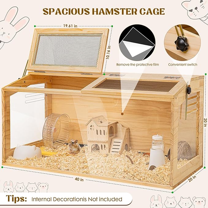 Hamster Cage 40 Inch Wooden Chewproof, 270° View Habitat with Bite-Proof Metal Mesh & Dual Access Doors, Acrylic Sheets & Solid Build for Dwarf Syrian Hamsters/Gerbils/Guinea Pigs/Chinchillas-Mewly Pet