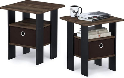 Furinno Andrey Side Table, Set of 2 End Table, Night Stand with Open Shelves and Storage Bin, Bedside Table, for Living Room, Bedroom, Amber Pine