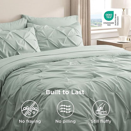 Bedsure King Size Comforter Set Sage Green - Bed in a Bag Bedding Set 7 Pieces, GentleSoft™ Pintuck Bed Set Gift for Family, Pinch Pleat Sage Green Comforter with Sheets, Pillowcases & Shams