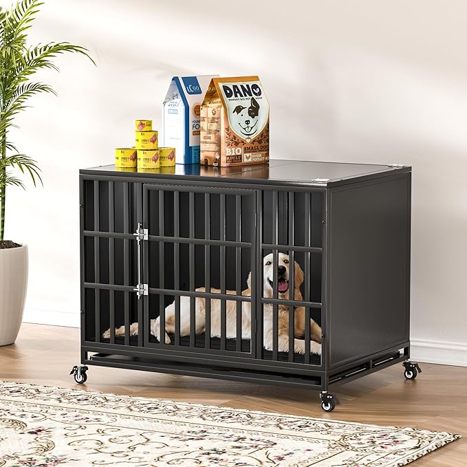 42 inch Heavy Duty Dog Crate with Self-Locking Latch, Indestructible Steel Large Kennel with Enclosed Design, Chew-Proof and Escape-Proof Pet Cage for High Anxiety Dogs-Mewly Pet