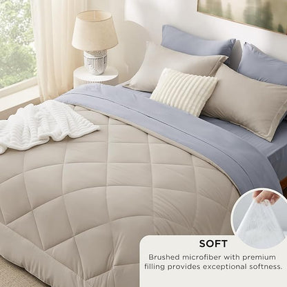 Bedsure King Size Comforter Set - 7 Pieces Reversible Beige Bedding, King Size Bed Set for All Seasons, Bed in a Bag with Down Alternative Comforter, Sheets, Pillowcases & Shams