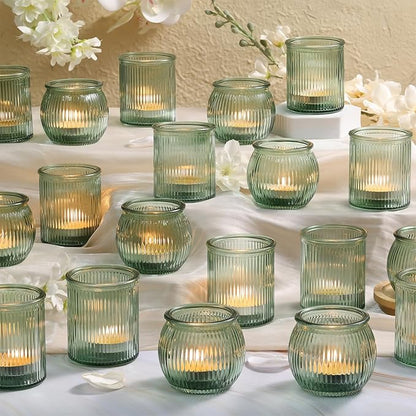 24pcs Assorted Green Votive Candle Holders for Table Centerpiece, Ribbed Tea Lights Candle Holder Glass, Green Candle Holders for Wedding Table Decor, Bridal Shower and Tea Party Decorations