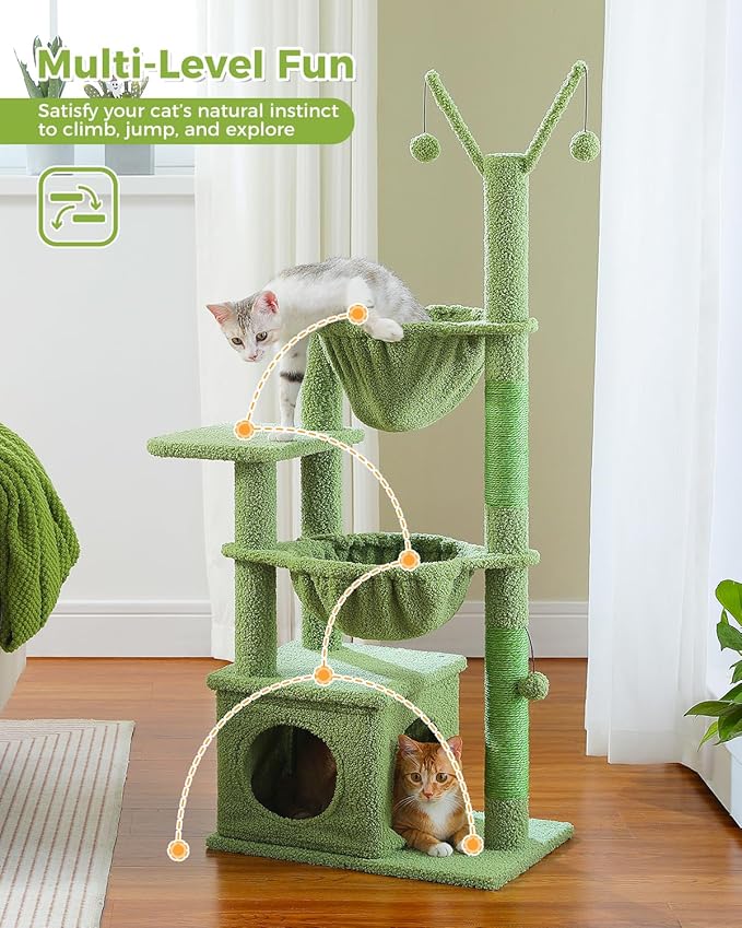 Cactus Cat Tree, 47.6" Cat Tower with 2 Metal Frame Hammock, Cat Scratching Post for Indoor Cats with 2 Removable Pompom Sticks for Kittens, Green-Mewly Pet