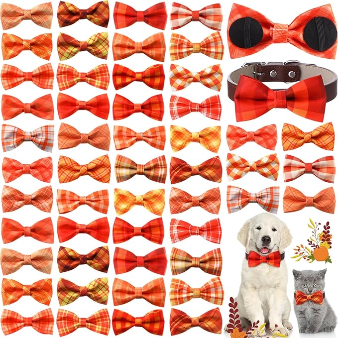 Hillban 50 Pcs Fall Collar Dogs Bow Ties Autumn Plaid Dogs Collar Accessories for Pets Bow Ties Attachment with Elastic Bands Detachable Charms for Doggie Fall Autumn Costume-Mewly Pet