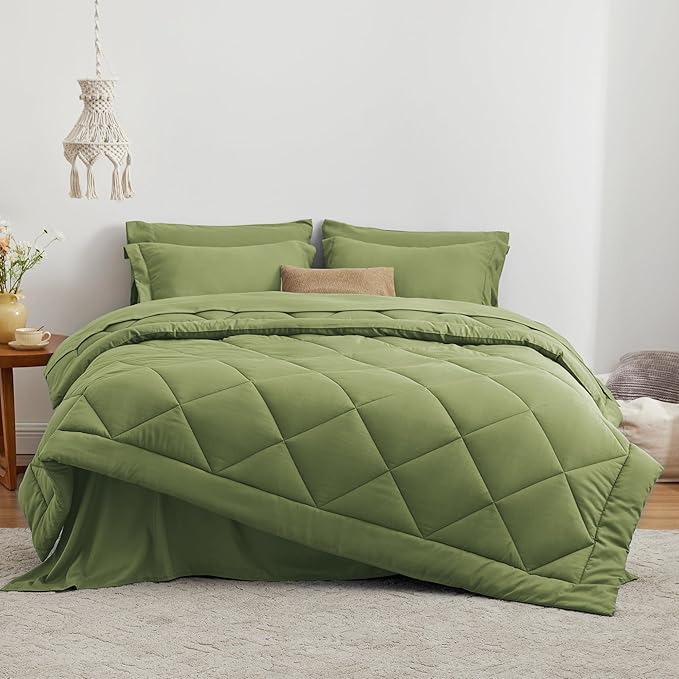 Love's cabin King Size Comforter Set Olive Green, 7 Pieces King Bed in a Bag, All Season Bedding Sets with 1 Comforter, 1 Flat Sheet, 1 Fitted Sheet, 2 Pillowcase and 2 Pillow Sham