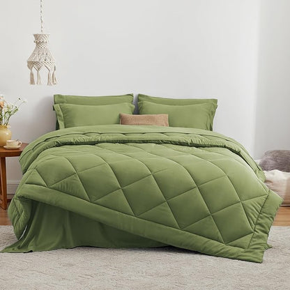 Love's cabin Twin XL Comforter Set Olive Green, 5 Pieces Twin XL Bed in a Bag, All Season Bedding Sets with 1 Comforter, 1 Flat Sheet, 1 Fitted Sheet, 1 Pillowcase and 1 Pillow Sham