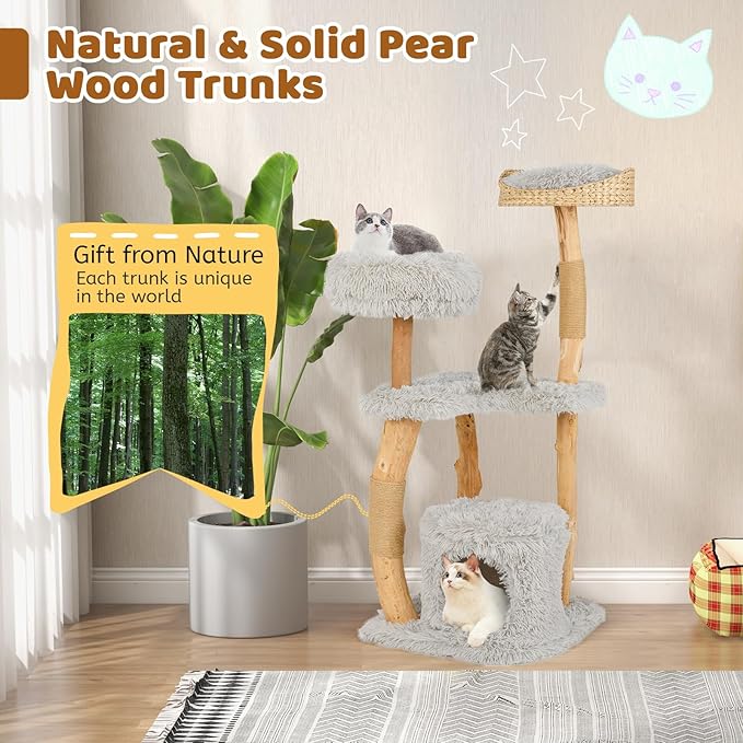 Tangkula Cat Tree Tower, Solid Wood Modern Cat Tower with Top Cattail Basket Bed, Side Perch, Large Platform & Cat Condo, Cute Cat Tree with Scratching Posts for Indoor Cats Large Adult-Mewly Pet