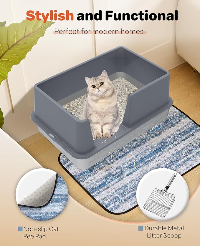 Stainless Steel Litter Box with Lid, 23.5" L x 15.8" W x 10.5" H, Large Metal Cat Box for Big Cats, High Sided Kitty Litter Box with Scoop & Pee Pads, Non-Sticky, Anti-Leakage, Easy to Clean (Gray)-Mewly Pet