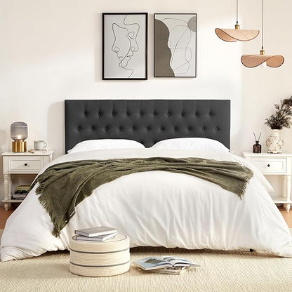 Tufted Upholstered Headboard Queen Size, Solid Wood Head Board with Durable Metal Legs, Adjustable Height Bed headboard from 37” to 51” Fabric Headboard in Modern Button Design (Black)