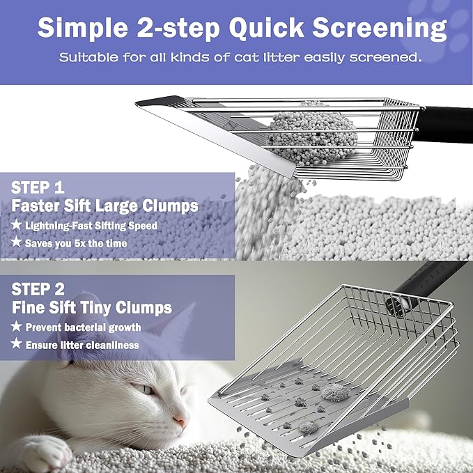 metal Cat Litter Scooper Kit - Durable large steel litter scoop with Dual Grid, Includes Broom & Dustpan for Quick, Easy Cleaning-Mewly Pet
