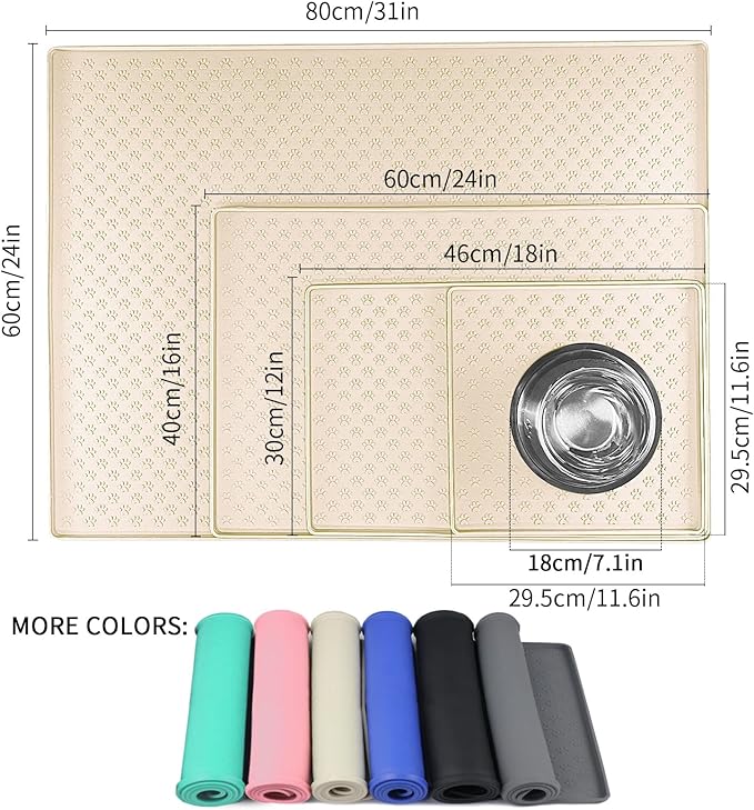 Ptlom Silicone Pet Placemat for Dog and Cat, Waterproof Non-Slip Pet Feeding Bowl Mats for Food and Water, Small Medium Large Tray Mat Prevent Residues from Spilling to Floor, Beige, 18" 12"-Mewly Pet