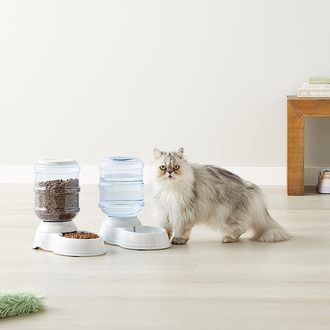Amazon Basics Automatic Dog Cat Water Dispenser Gravity Feeder Set, Pack of 2, Small, 6-Pound Food Capacity, 1-Gallon, Gray-Mewly Pet