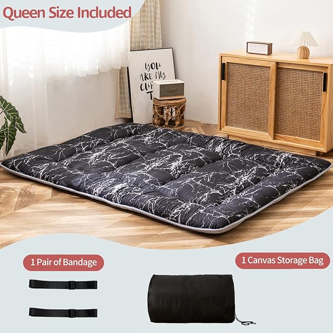 MAXYOYO Black Marble Printed Japanese Futon Floor Mattress, Thicken Sleeping Pad, Roll Up Camping Bed, Folding Couch Topper for Guests, Queen Size