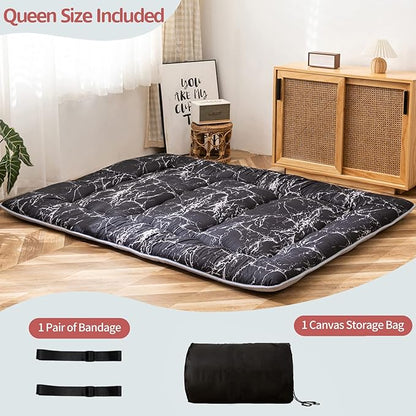MAXYOYO Black Marble Printed Japanese Futon Floor Mattress, Thicken Sleeping Pad, Roll Up Camping Bed, Folding Couch Topper for Guests, Queen Size
