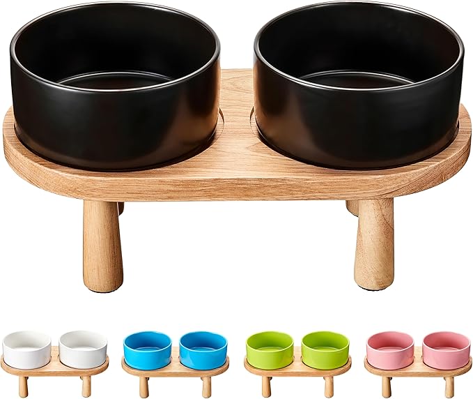 Ceramic Elevated Dog Bowls, Pet Food and Water Bowl Set for Large Dogs, 7.5 Cups Dog Bowls Raised with Wood Stand, 61OZ, Black-Mewly Pet
