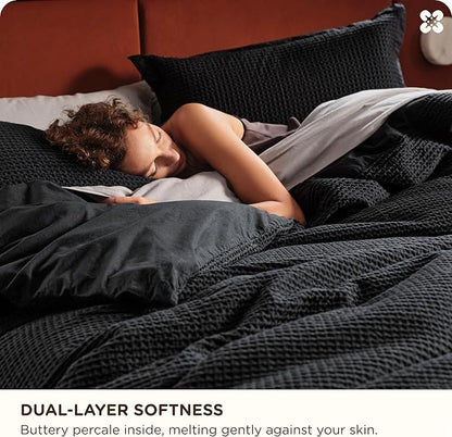 Bedsure Cotton Duvet Cover Set - 100% Cotton Waffle Weave Black Duvet Cover California King, GentleSoft™ and Breathable Cal King Bedding Set for All Season, 3 Pieces, 104"x98"