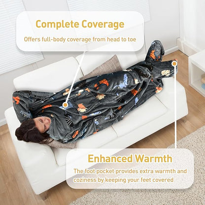 Catalonia Wearable Fleece Blanket with Sleeves and Foot Pockets for Adult Women Men, Micro Plush Comfy Wrap Sleeved Throw Blanket Robe Large, Gray Dog