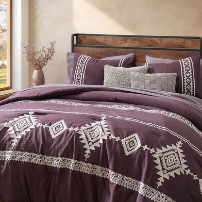 MaiRêve Embroidery Queen Size Comforter Set Purple, Boho Farmhouse Western Bedding Set 7 Pieces, All Season Bed in A Bag Comforter Set with Sheets, Pillowcases & Shams