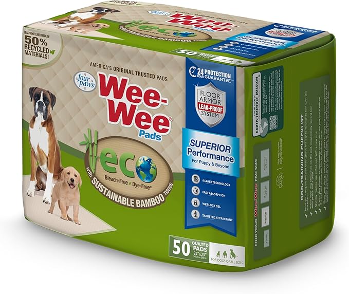 Four Paws Wee-Wee Superior Performance Bamboo Pee Pads for Dogs, Earth Friendly Dog & Puppy Potty Training Pads, Crate Liners, Housebreaking Supplies, 22" x 23" (50 Count)-Mewly Pet