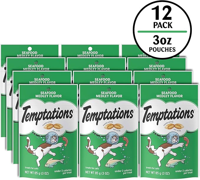 Temptations Classic Crunchy and Soft Cat Treats, Seafood Medley Flavor, 3 oz. Pouch (Pack of 12)-Mewly Pet