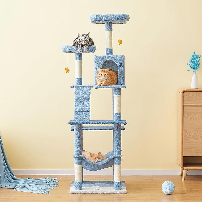 MWPO Ocean-Themed Cat Tree, 70.1-Inch Multi-Level Tall Tower for Indoor Cats, Plush Cat Condo with Big Padded Perches, Sisal-Covered Scratching Posts, Hammock, Toys for Kittens, Blue-Mewly Pet