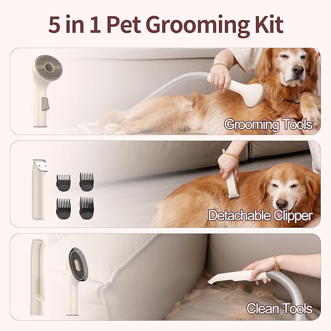 Dog Grooming Vacuum Kit, 2.5L Large Capacity, Dogs & Cats Vacuum for Shedding, 4 Pet Grooming Tools, Low Noise, Dog Nail Clipper as A Gift-Mewly Pet