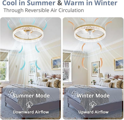 LEDIARY 20" Modern Ceiling Fans with Lights and Remote, Dimmable Low Profile Ceiling Fan, Flush Mount Fan, Stepless Color Temperature Change and 6 Speeds - Gold