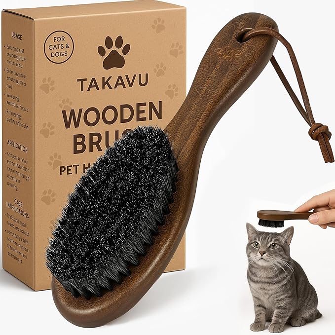 Takavu Boar Bristle Cat Hair Brush, Gentle Grooming Brush with Natural Bristles and Wooden Handle for Sensitive Skin, Pet Cleaning Supplies Keeping Your Cat's Fur Hair Coat Healthy and Shiny-Mewly Pet