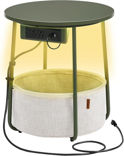 VASAGLE LILEA Collection - Side Table with Charging Station, Round End Table with Fabric Basket, LED Nightstand with USB Ports, Modern, for Living Room, Forest Green and Cream White ULET227C01