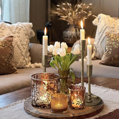 Rustic Cast Iron Taper Candle Holder - Set of 3 Vintage Candle Stands, Candlestick Holders for Wedding, Dining, Party Décor (Antique Brass)