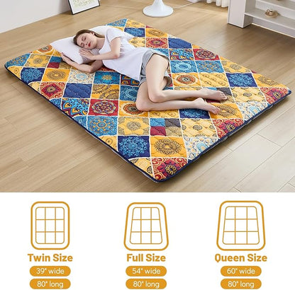 Japanese Floor Mattress Twin, Anti-Slip Japanese Futon Foldable Tatami Mat for Guests, Boho Orange Checkered