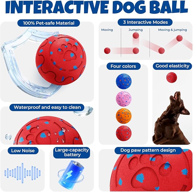 Dog Balls: Interactive Dog Ball Auto Rolling - Interactive Dog Toys for Aggressive Chewers - Bouncy & Throwable, Type-C Rechargeable, Washable, for Small & Medium & Large Dogs – Red-Mewly Pet