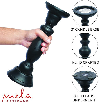 Mela Artisans Matte Black Hand Carved Wooden Pillar Candle Holders - Set of 3 | Tuli Decorative Style | Crafted from Mango Wood | Rustic Table Centerpiece Decor | Sized 6", 9" and 12"