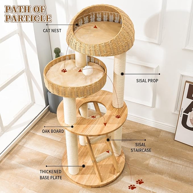 Big Modern Design Cat Tree Tower, Cat Tower Sisal-Covered Scratching Posts for Indoor Cats, Natural Oak Wood Cat Tree for Large Cats, Multi-Level Cat Condo with Sisal Staircase-Mewly Pet