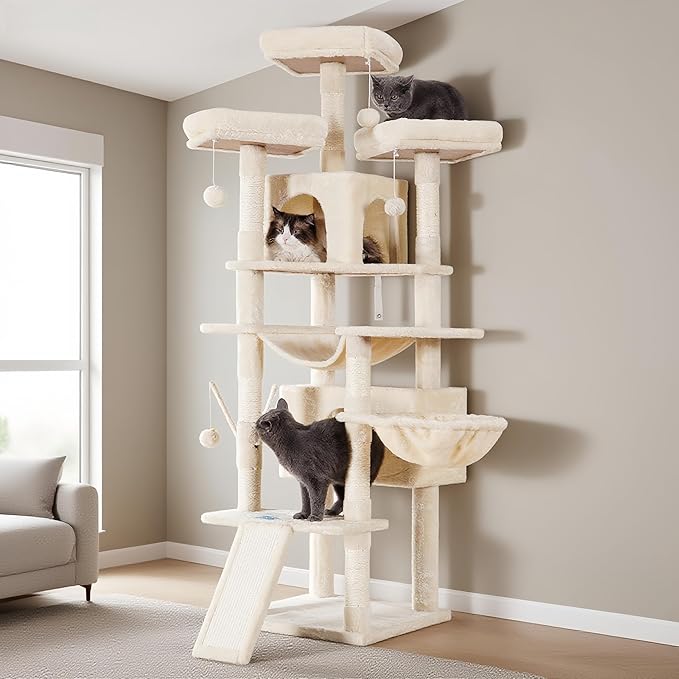Hey-brother Cat Tree, 71 inches XL Large Cat Tower for Indoor Cats, Multi-Level Cat House with 3 Padded Perches, Big Scratcher, Cozy Basket, 2 Cat Condos and Scratching Posts, Beige MPJ034M-Mewly Pet