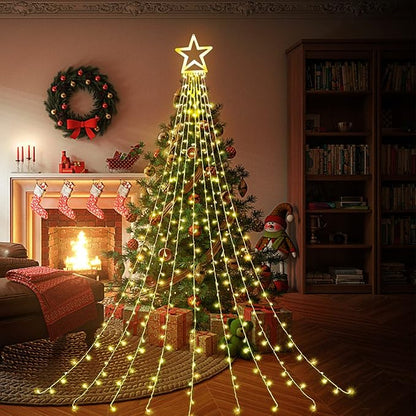 FUNIAO Christmas Lights, 320 LED String Lights with 12" Plastic Star Tree Topper, 8 Modes Outdoor Waterproof Christmas New Year Parties, Yard, Garden, Home Decor (Warmwhite)
