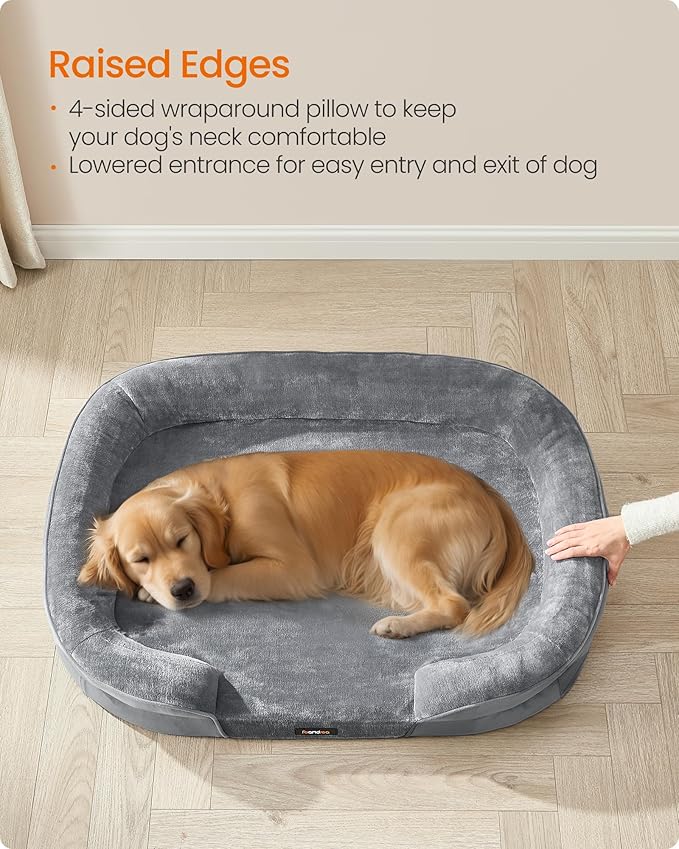 Feandrea Dog Bed, Large Orthopaedic Dog Sofa Bed, 42 x 30 x 7 Inches, Egg Crate Foam, Waterproof Liner, Raised Edges, Removable and Machine Washable Cover, Non-Slip, Light Gray UPGW283G01-Mewly Pet