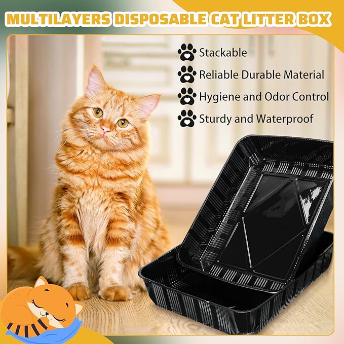 Zubebe 50 Pack Disposable Cat Litter Box for Cats, Large Disposable Kitty Litter Tray Boxes 19.69 x 15.75 x 3.94 Inches Plastic Pets Pan Standard for Indoor Home Travel Portable(Black)-Mewly Pet