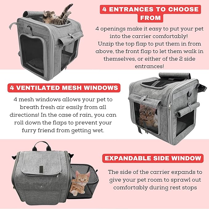 Dog Bike Basket, Expandable Soft-Sided Reflective Pet Carrier Backpack with 4 Open Doors, 4 Mesh Windows for Medium Small Dog Cat Puppies (Grey)-Mewly Pet