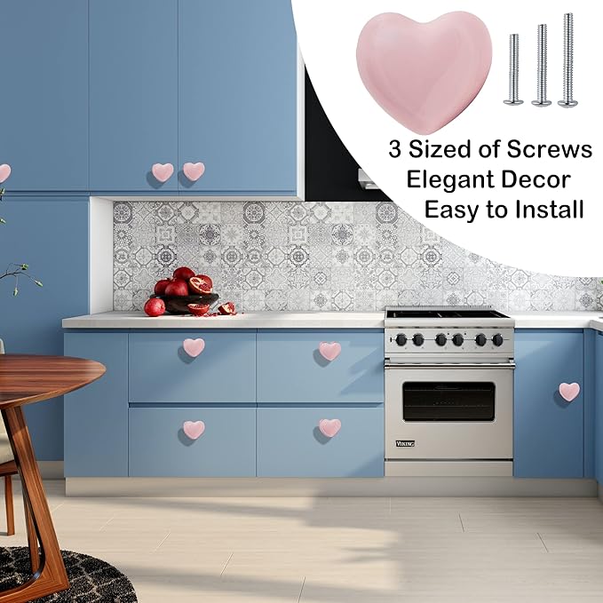 Ceramic Drawer Knobs Heart Shape Cabinet Dresser Pulls Handles with 3 Sized Screws, Kitchen Furniture Knobs for Closet Cupboard Wardrobe (2, Powder Pink)