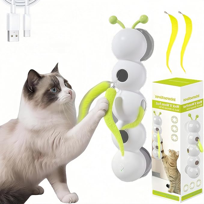 Interactive Cat Feather Toy, Automatic Fluffy Cat Teaser, Whack-a-Mole Cat Toy, USB Rechargeable, Wall-Mounted, with Suction Cup, Perfect for Indoor Cats-Mewly Pet